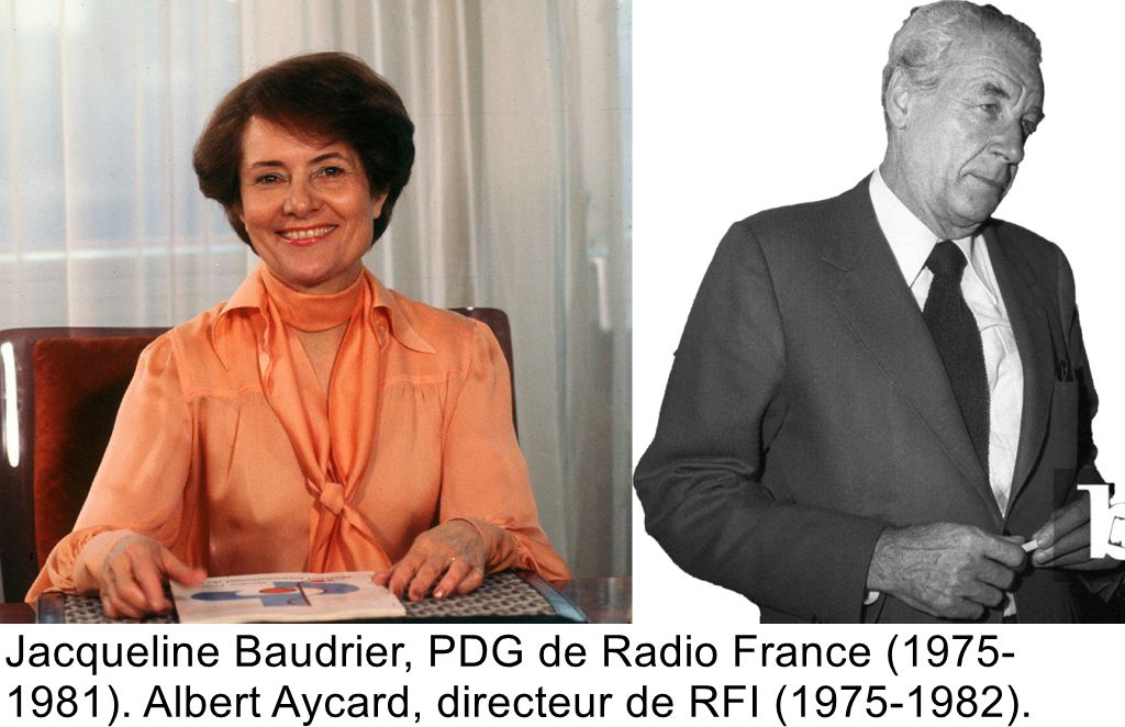 Jacqueline Baudrier, PDG de Radio France (1975-1981). Albert Aycard, directeur de RFI (1975-1982).